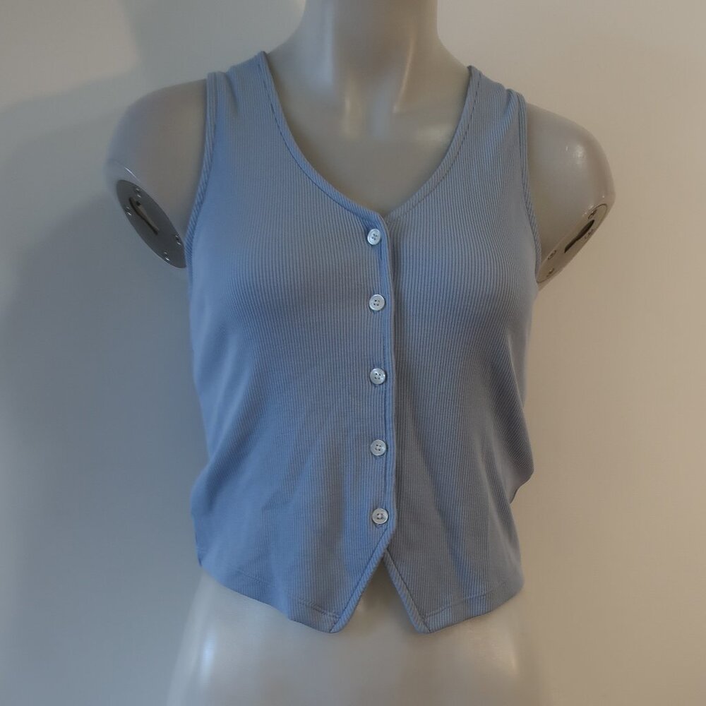 Veronica Beard Light Blue Ribbed Button Front Tank - Picture 7 of 12